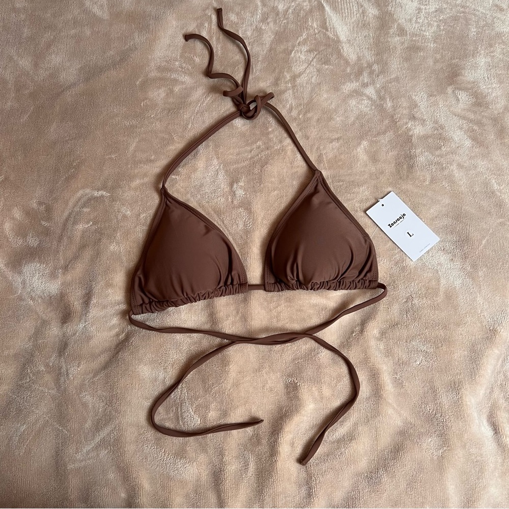 ZONSAOJA Classic Brown Strappy Triangle Bikini Top with Removable Cups - Size L